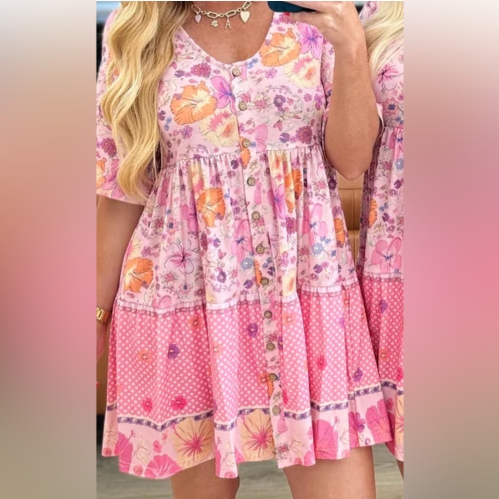 NWOT-One Eleven North-Floral Pink Button-Down Dress - Picture 7 of 7